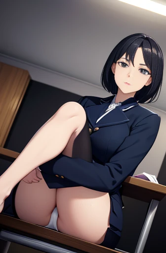 (unity 8k wallpape),(best quality),(high resolution),(ultra-detailed),(perfect anatomy),(beautiful detailed eyes),japanese mature,Beauty,slender,50yo,house wife,black hair,middlehair,policewoman,Navy blue uniform,mini skirt,White panties,cameltoe,(panty sh...