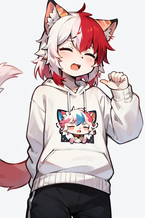 Flower cat，hairy，hairy的，Bust Avatar，White sweatshirt with colorful pattern，Black casual pants，White Stripes，Q version，Lovely，simple art style，Cartoon Style，Squinting，yawn，tension，ears red hair, White hair on ear tips，Pink hair on back，tail blue，Tip white，