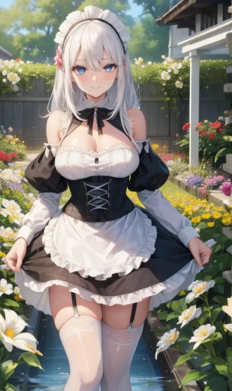 shine white skin.a girl, (((slim body))), (((Off-shoulder Maid clothes))),wet, (((  Flower Garden))), slim body, , slender, body, a pretty girl, Smile, black corset,very short skirt,White hair, ((white cream hair))), w, towa, long_hair, 1girl,  solo, blue_...