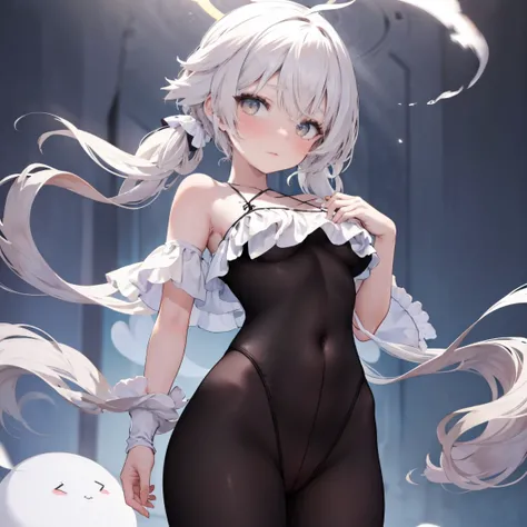 Night World, Perfect female body, 1 girl, Huge ahoge, Small breasts, Light Skin, Larger clothes,Fantasy,ghost