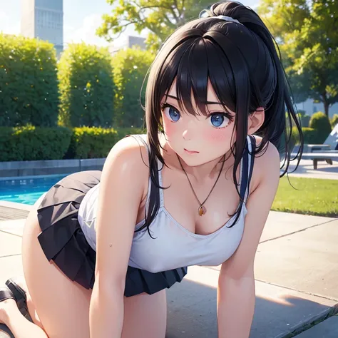 (best quality,4k,8k,highres,masterpiece:1.2),ultra-detailed,(realistic,photorealistic,photo-realistic:1.37),ponytail,black hair,high school girl,mini skirt,poolside, all fours,sunlight,bright colored clothes,slightly exposed necklin, White camisole、Blue li...