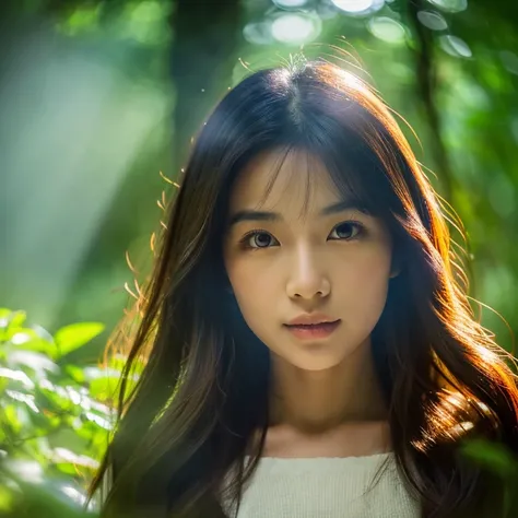 Visualize an image of a captivating beautifull Asian woman exploring a mystical forest, with shafts of sunlight filtering through the trees and illuminating her features in stunning ultra HD detail