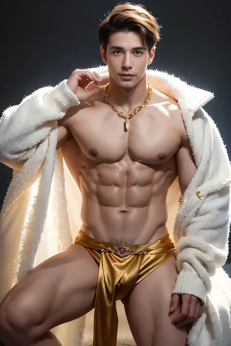 
(masterpiece, best quality:1.2), 1 person, Single attractive man，With eyes like heaven, delicate brown hair, magic , Beautiful appearance, with a mysterious smile, Very beautiful face , Detailed facial images, Large and long nipples，Full chest muscles，Six...