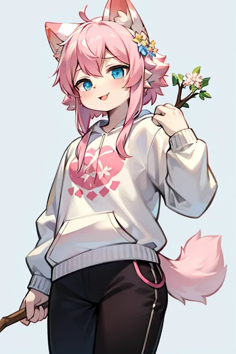 Flower cat，hairy，hairy的，Bust Avatar，White sweatshirt with colorful pattern，Black casual pants，White Stripes，Q version，Lovely，simple art style，Cartoon Style，half lidded eye，Acting cute，Stick out your tongue，tension，Pink hair with ears, White hair on ear tip...