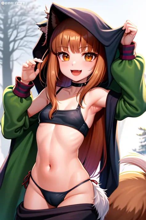 (holo:1.5), (holoCoat:1.5), SFW, 1girl, looking at viewer, standing, upper body, leaning forward, outdoors, forest, snow, (( under boob )), small chested ,(( small thin green cotton underwear)),  open mouth, fang, smile, invisible tank top, top less,  ( ea...