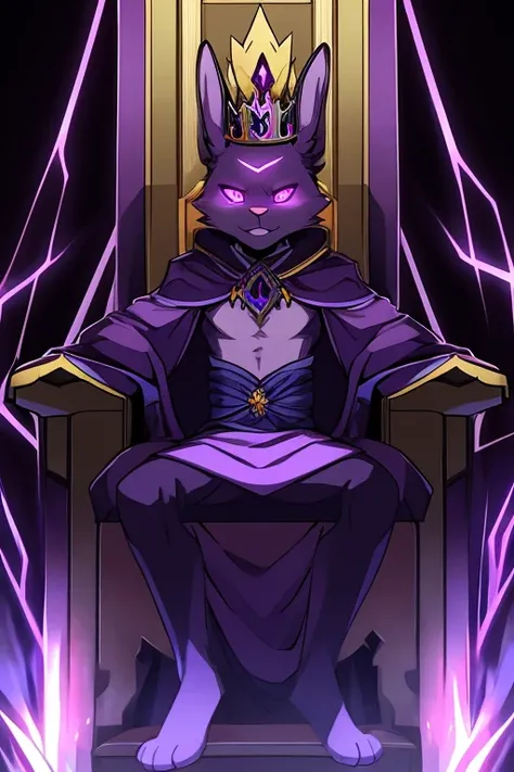 solo, male, rabbit, dark purple colored fur, anthropomorphic rabbit, purple glowing eyes, wearing purple basic crown, Emperor outfit, sitting on throne in a position proving his immense power