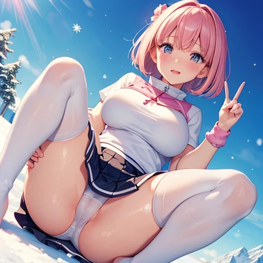 masterpiece, highest quality, High resolution,  short hair， Short skirt、Drooping eyes，Outdoor，barefoot，Looking up，Embarrassed face，Angle from below、Big Breasts，Spread your legs、wear ski wear、White underwear、See-through、Pink Hair、White knee socks、Peace sign...