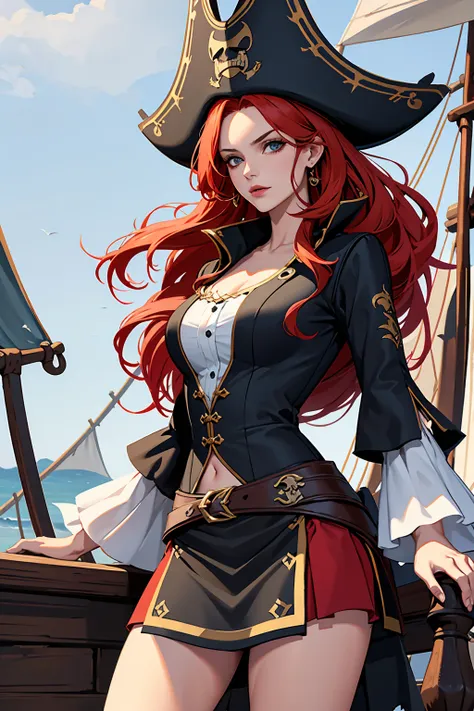 english woman,1girll,lovely and beautiful fas,28 year old,red hair,double tails, practical pirate clothing, (long-sleeved pirate...