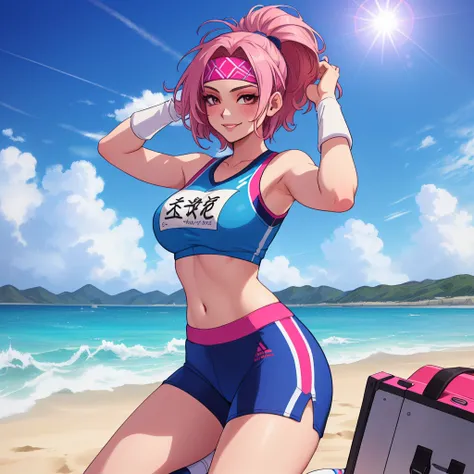 imagined a girl in extreme sport outfit playing to a flying disc game in a beach arena game sport, masterpiece, ultra-detailed, 80s anime (style), 2D, megapixel, perfectionism, full HD , 4K, (windjammers), windjammers sport game, windjammers 2 (((((solo ma...