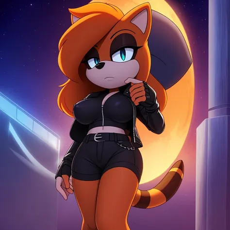 ((masterpiece)), studio quality, highly detailed, extreme detailed, high quality, max detailed, hyper detailed, anime, mobian, 1girl, racoon, black short hair, aqua eyes, attractive, gorgeous body, medium breast, biker clothes, serious, nighttime,