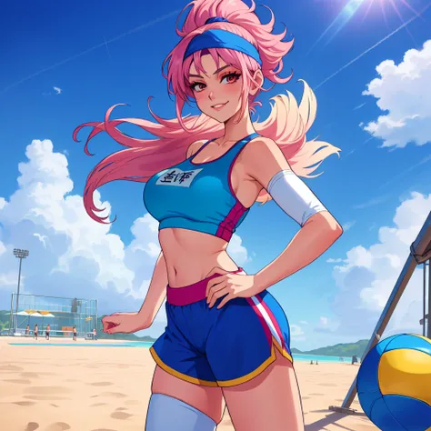 imagined a girl in extreme sport outfit playing to a flying disc game in a beach arena game sport, masterpiece, ultra-detailed, 80s anime (style), 2D, megapixel, perfectionism, full HD , 4K, (windjammers), windjammers sport game, windjammers 2 (((((solo ma...