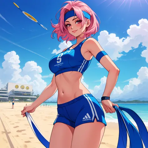 imagined a girl in extreme sport outfit playing to a flying disc game in a beach arena game sport, masterpiece, ultra-detailed, 80s anime (style), 2D, megapixel, perfectionism, full HD , 4K, (windjammers), windjammers sport game, windjammers 2 (((((solo ma...