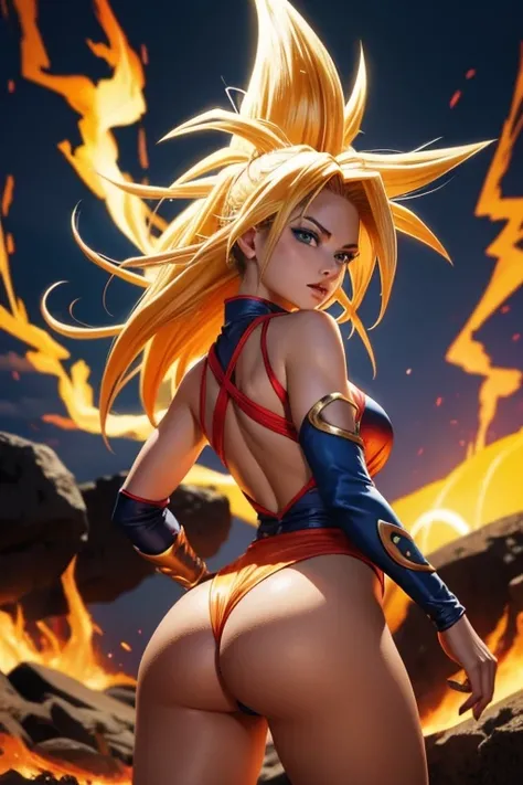 goku super saiyan,sexy woman version,little clothing,dramatic glow,apocalyptic background, en fondo esta el dragon shenlong, realista, obra maestra, hiperrealista, detalles perfectos, blue eyes small and beautiful buttocks, traje sexy con el logo de Kamisa...