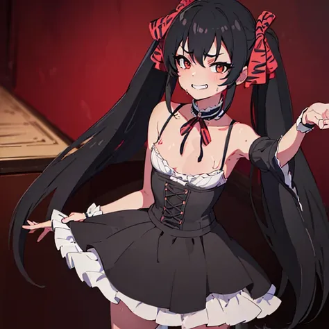 ((( masterpiece ))) Background : ( horror theme, dark, backstage, alone, best quality, highly detailed ). Character ; ( 1girl, standing , enjoying, evil wide seductive grin, hand on breast, Matoba risa, wearing idol outfit, sweating, lolicon, fit body, sma...