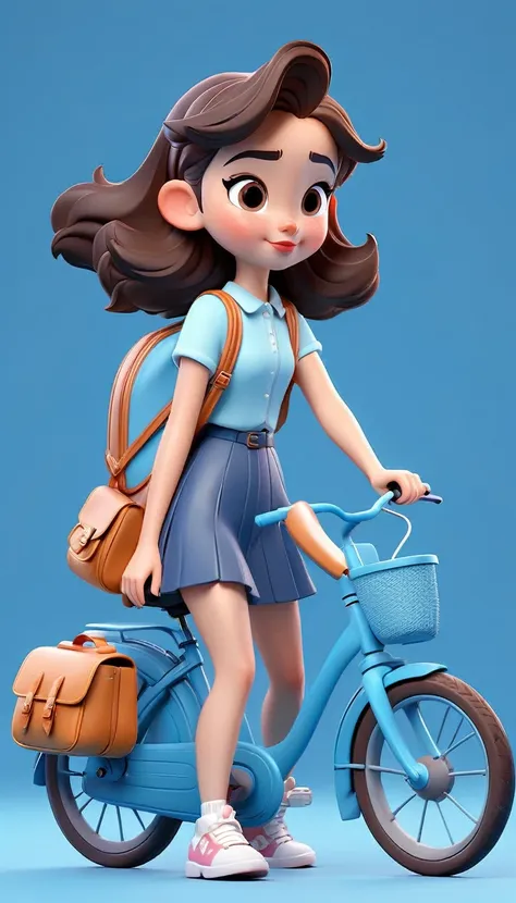 cute girl with school bag, biking, summer, bright blue minimalist background, disney style, pixar style, popmart blind box cute ...