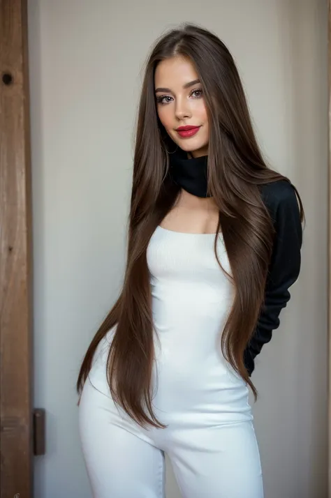 Professional photograph, best quality, 8K, hyper detailed, full body, A close up portrait of a Gorgeous, charming, alluring, graceful, majestic, classy, stylish, flowing super long brown haired argentinian woman. Flowing hair, silky hair, glowing hair, eth...