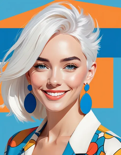 Minimalist, a fashion girl, white hair, blue background, wearing special earrings, Bohemian style, close-up, portrait facing camera, smiling flat illustrations, geometric shapes, clean, psychedelic american comics, 2D