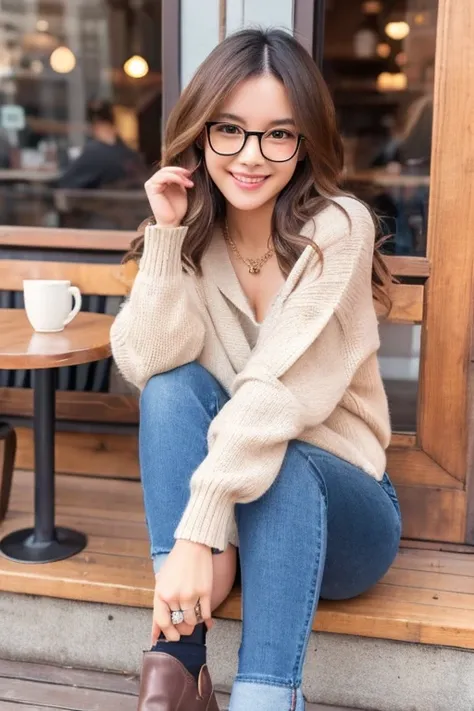 photorealistic, high-quality 32k photo of a beautiful japanese girl in a casual, chic outfit, with glasses, with detailed eyes a...