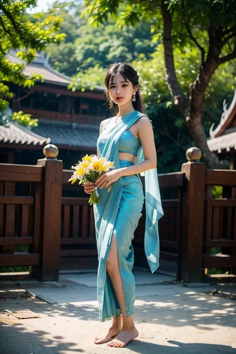 Masterpiece,Row photo, details, hyper realistic,arafed woman in a blue sari holding a plate of flowers, sukhothai costume, in style of thawan duchanee, "Loy Krathong Festival", traditional beauty, anime thai girl, south east asian with long, nivanh chantha...