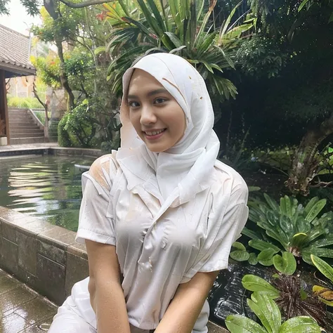 NSFW. ((25 years old woman, Korean face, white skin. Slim, Slender, thin and tall body. Slim face, oval face, clean face. Beauty perfect fawx. Korean artis face)),leaning in the mat, ((wearing long hijab,uniform, ,unbuttoned loose opened,nude breasts,no br...