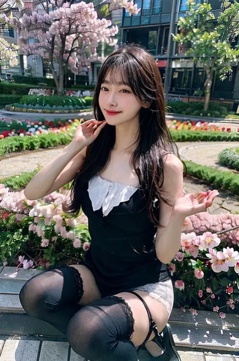 Armpit Hair、Show both sides、High heels（Black）、pantyhose（Black）、garter belt（Black）、Big Breasts、Long Hair（Black、straight）、Squat、Leg spread、Married Woman、first round、Voluptuous、Puddle、Outdoor、garden、Cherry Blossom Viewing、cherry blossoms