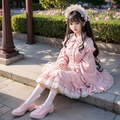 best quality, masterpiece, lifelike, 1 girl, solitary, eternal, Black Hair, Long curly hair, Bangs, Smile, Pink skirt, Pink loli dress, layered skirt, Lolita style long skirt,分層連衣裙 Lace-trimmed 裙子, decorate, Lace, Long sleeve, Puff sleeves, Wide sleeves, T...