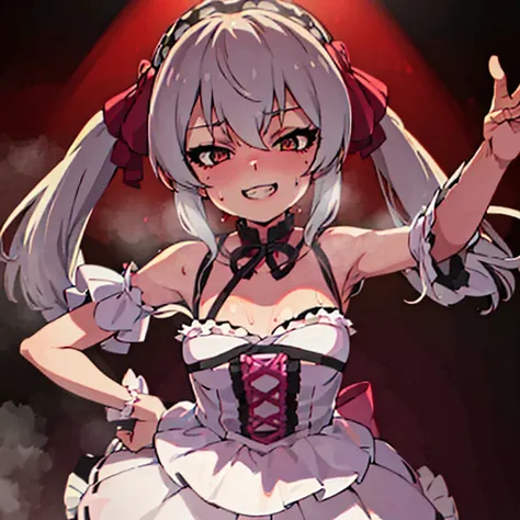 ((( masterpiece ))) Background : ( horror theme, dark, backstage, alone, best quality, highly detailed ). Character ; ( 1girl, standing , enjoying, evil wide seductive grin, hand on breast, Matoba risa, wearing idol outfit, sweating, lolicon, fit body, sma...