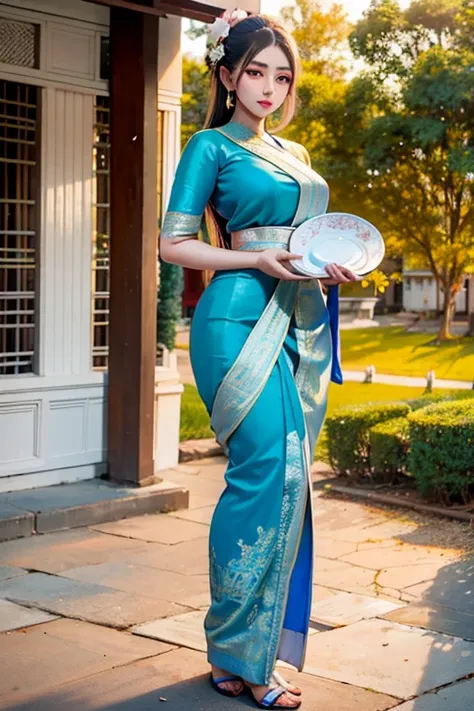 masterpiece,row photo, details, hyper realistic,arafed woman in a blue sari holding a plate of flowers, sukhothai costume, in st...