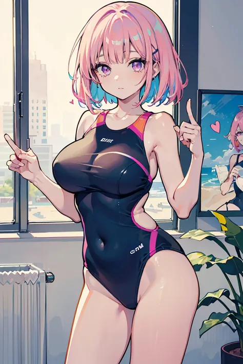 1 girl, Big Tits 1.3, Colorful clothes, Pink Hair, Short Bob, Side ribbon, Navel exposed, Swimwear, clear, curt, Light purple eyes, ((Heart Eyes)), It will happen, Pale background,16 years old, Colorful Hair, Messy Hair, tonality, Romanticism, modern art, ...