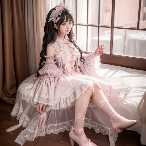 best quality, masterpiece, lifelike, 1 girl, solitary, eternal, black hair, long curly hair, bangs, smile, pink skirt, pink loli...