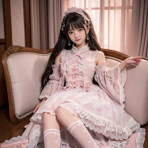 best quality, masterpiece, lifelike, 1 girl, solitary, eternal, black hair, long curly hair, bangs, smile, pink skirt, pink loli...