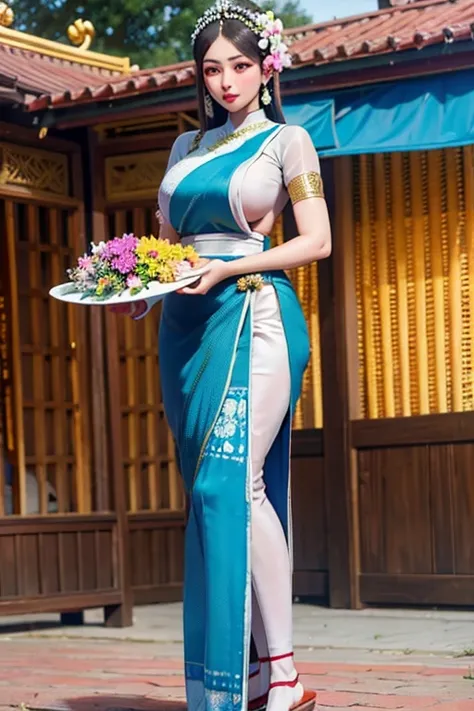 Masterpiece,Row photo, details, hyper realistic,arafed woman in a blue sari holding a plate of flowers, sukhothai costume, in style of thawan duchanee, "Loy Krathong Festival", traditional beauty, anime thai girl, south east asian with long, nivanh chantha...