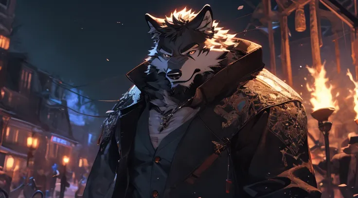 "(best quality,high resolution,masterpiece:1.2),hairy,Wolf,male,Heavy rain,detailed,Realistic colored eyes,a Wolf with all-black fur,High Dynamic Range,ruthless,sinister,Fierce,scarred face,black leather jacket"