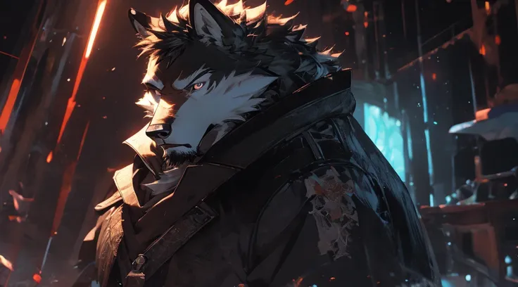 "(best quality,high resolution,masterpiece:1.2),hairy,Wolf,male,Heavy rain,detailed,Realistic colored eyes,a Wolf with all-black fur,High Dynamic Range,ruthless,sinister,Fierce,scarred face,black leather jacket"