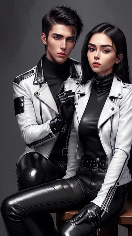 若くキュートでクールなエモ風な日本人の男の子と女の子のcouple,thin eyebrows and big eyes,   both are wearing shiny white single-breasted leather jackets.......