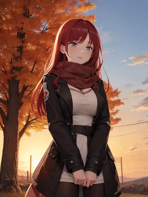 a 24-year-old girl with long red hair stands in an autumn jacket with a developing scarf, sunset, Wind, the trees are swaying, full height, big breasts, small waist, sexy