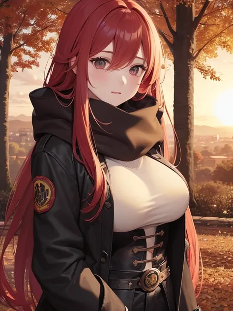 a 24-year-old girl with long red hair stands in an autumn jacket with a developing scarf, sunset, Wind, the trees are swaying, full height, big breasts, small waist, sexy