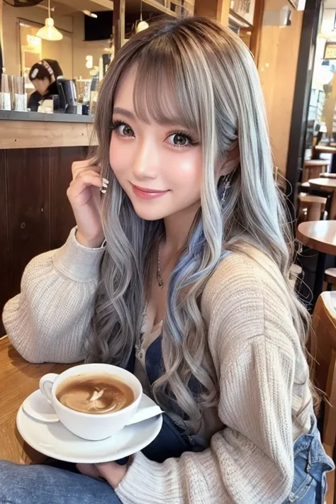 Photorealistic, high-quality 32k photo of a beautiful Japanese girl in a casual, chic outfit,with detailed eyes and a charming smile, seated at a cozy café,her hair styled in a soft wave,ash blue hair