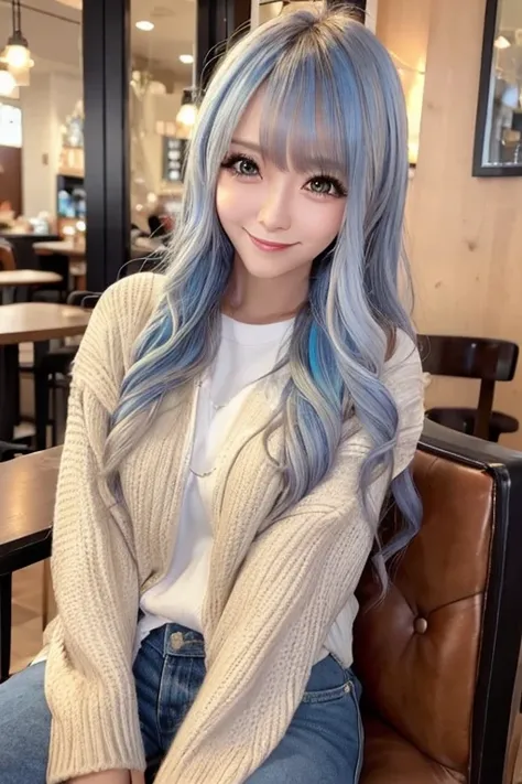 Photorealistic, ash blue hair,high-quality 32k photo of a beautiful Japanese girl in a casual chic outfit,with detailed eyes and a charming smile, seated at a cozy café,her hair styled in a soft wave