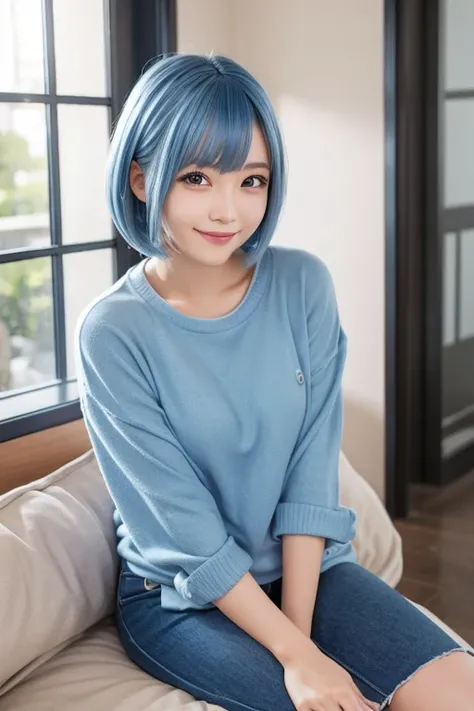 Photorealistic, ash blue hair,high-quality 32k photo of a beautiful Japanese girl in a casual chic outfit,with detailed eyes and a charming smile, seated at home,short hair,her hair styled in a soft wave