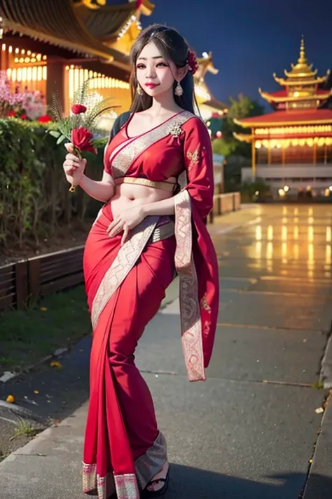 craft  class photo  details  realistic  Very realistic,  A woman holding a bowl of flowers ((red saree))  Sukhoi Thaikos  Thowonduchani style,  "Loy Krathong Festival" traditional beauty,  anime thai girl  Southeast Asian long nivanh Chanthara tradition;  ...