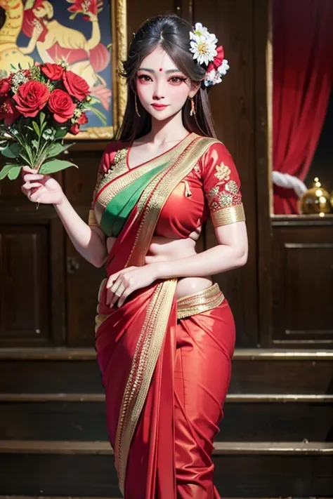 craft  class photo  details  realistic  very realistic,  a woman holding a bowl of flowers ((red saree))  sukhoi thaikos  thowon...