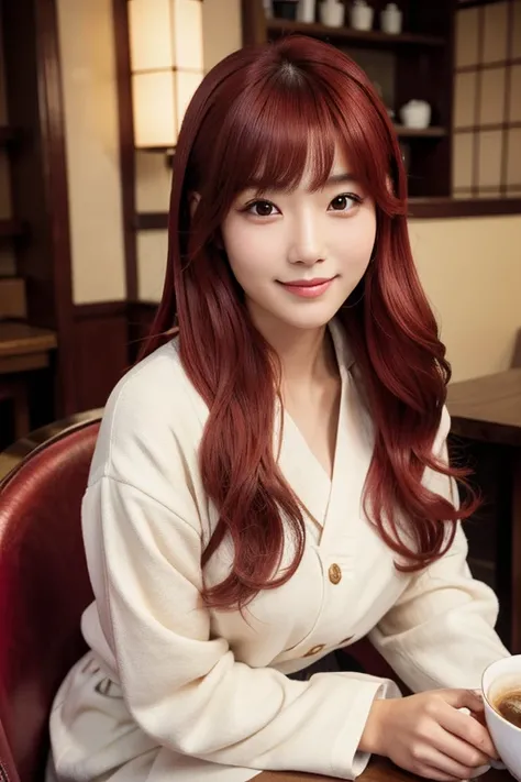 Photorealistic, high-quality 32k photo of a beautiful Japanese girl in a casual, chic outfit,with detailed eyes and a charming smile, seated at a cozy café,her hair styled in a soft wave,((dark red hair))