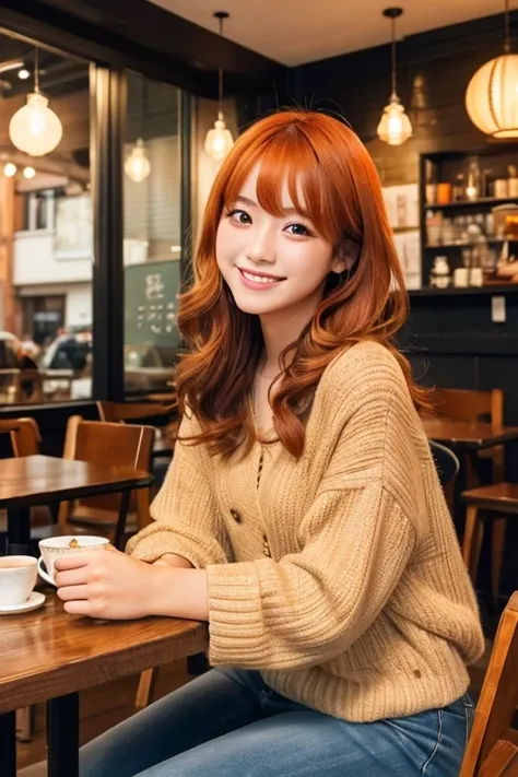 Photorealistic, high-quality 32k photo of a beautiful Japanese girl in a casual, chic outfit,with detailed eyes and a charming smile, seated at a cozy café,her hair styled in a soft wave,(dark orange hair)