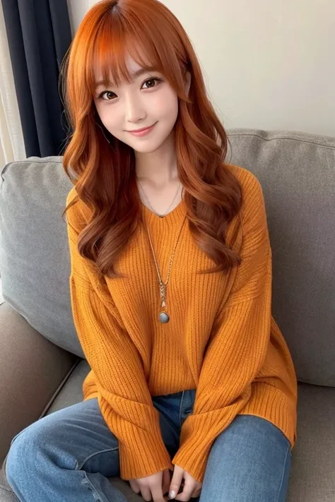 Photorealistic, high-quality 32k photo of a beautiful Japanese girl in a casual, chic outfit,with detailed eyes and a charming smile, seated at a cozy couch,her hair styled in a soft wave,(dark orange hair)