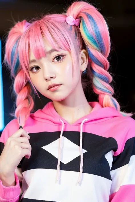 ((highest quality)), ((masterpiece)), (detailed), Perfect Face,Twin tails,Anime style available,Adorable,Young,pop,cyber-,neon,Pink Hair,Eyelashes,colorful,Rainbow,Genki Hoodie,ロリpop,Zebra print,Sparkling,Light,universe,Harajuku Style,