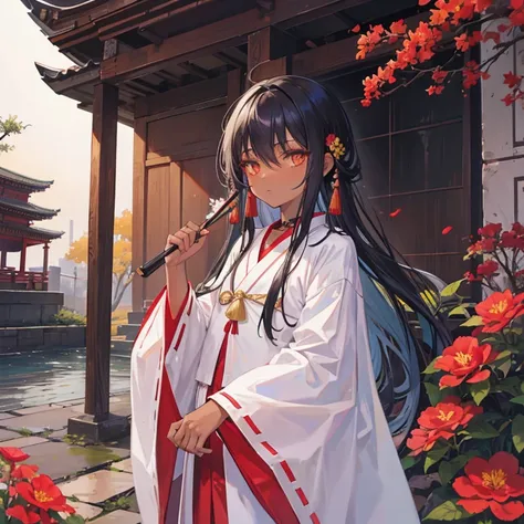 Small shintō MIKO with dark skin and long black hair, amber eyes, in the temple garden taking care of the flowers. 