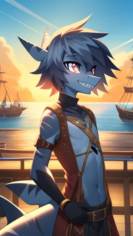 Best quality, super detailed illustration, warm colors, Ideal lighting, Perfect detail, (shark boy:1.4), black skin, predatory smile, bright sparkling eyes, female body, disheveled thick hair, pirate clothes, peaceful mood, against the background of the ha...