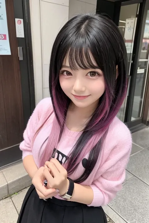 black hair,(pink inner hair;1.3),japanese girl,smile