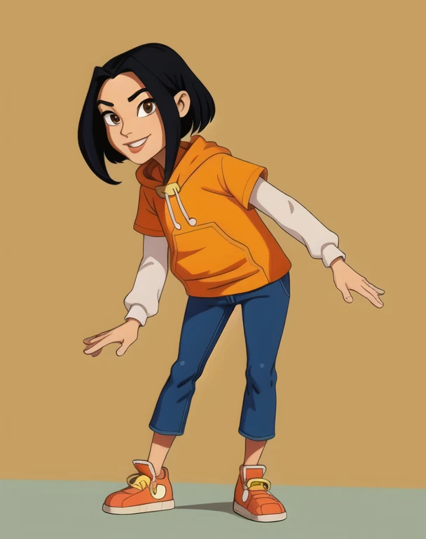 jadechan,short black hair,brown eyes,upper body, skinny, skinny legs, skinny hands, skinny neck,
orange short sleeved hoodie,white long sleeves,hood down,sneakers,blue pants,cartoon Hong Kong,morning,(insanely detailed, beautiful detailed face, masterpiece...